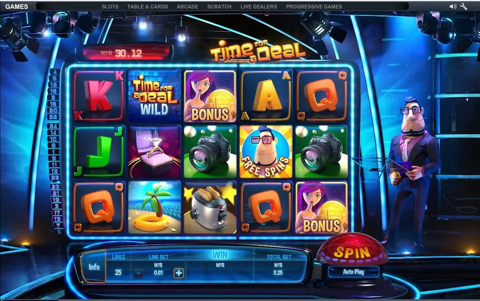 Time for a Deal reels in a TV studio: a Time for a Deal WILD tile, two BONUS assistant symbols, a FREE SPINS host symbol, cameras, a toaster, a ring box and a palm island, 25 lines at MYR0.01, host standing to the right