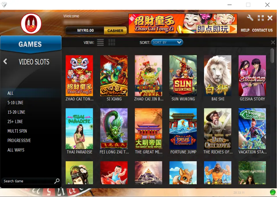 NTC33 Windows client open on the Video Slots section, with filters for 5-10 line, 15-20 line, 25+ line, Multi Spin, Progressive and All Ways, and tiles for Zhao Cai Tong Zi, Si Xiang, Sun Wukong, Bai Shi, Geisha Story and more