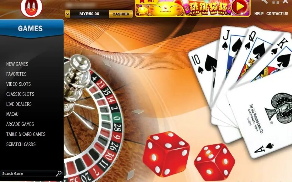 NTC33 lobby home screen with a GAMES menu on the left (New Games, Favorites, Video Slots, Classic Slots, Live Dealers, Macau, Arcade Games, Table and Card Games, Scratch Cards), a MYR50.00 balance with a CASHIER button, and roulette, cards and dice artwork