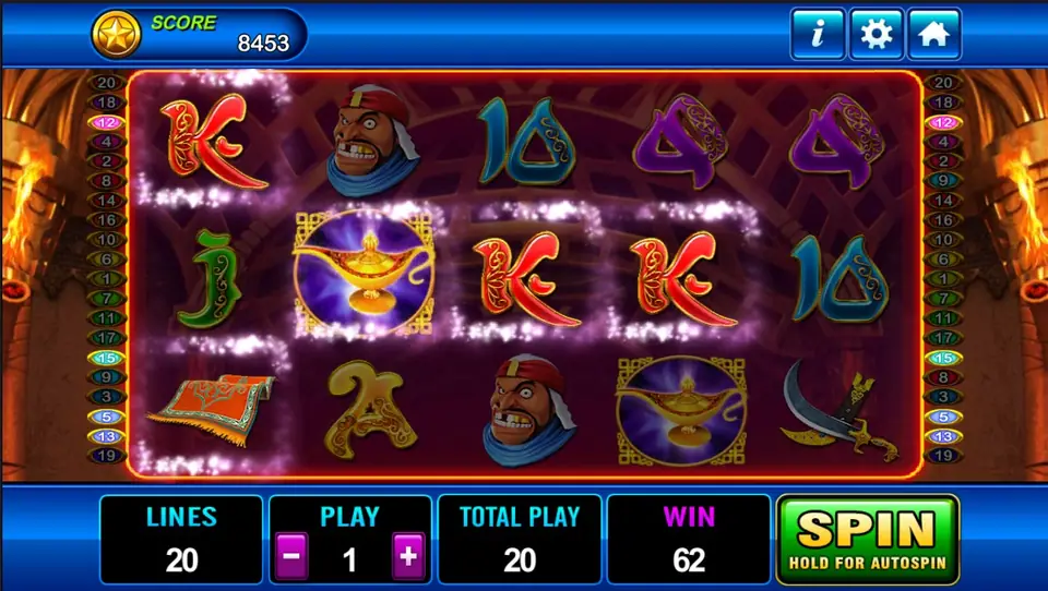 Aladdin reels with two lamps, two thieves and a flying carpet, line 12 lit and WIN showing 62
