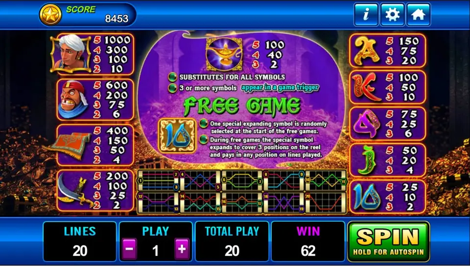 Aladdin paytable: Aladdin, thief, carpet and sword payouts on the left, card letters on the right, the lamp and FREE GAME rules in the middle and the 20 line diagrams below