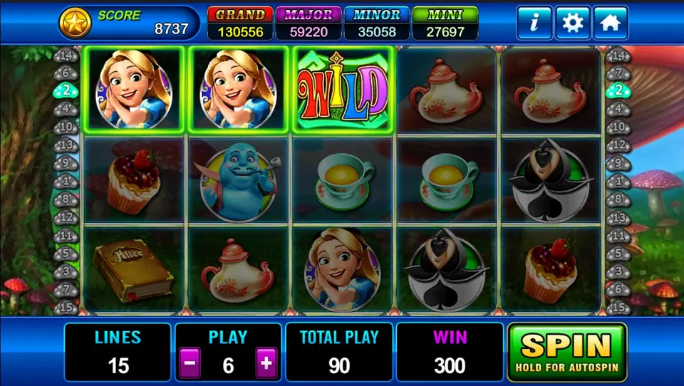 Alice, Alice and a WILD lined up on line 2 at the top of the reels, WIN 300