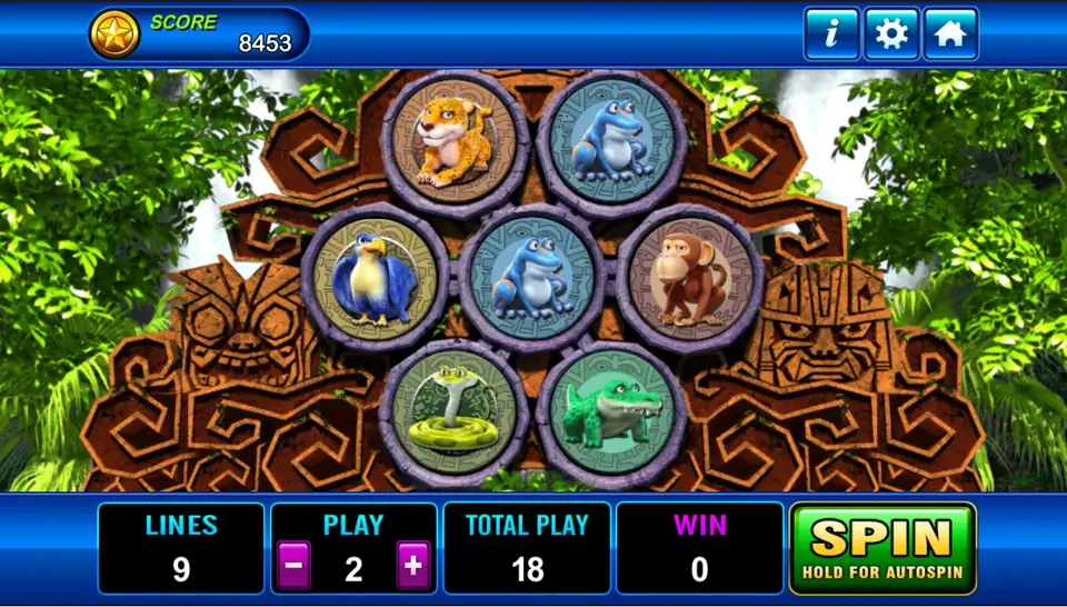 Amazon Jungle: seven round stone tiles arranged 2-3-2 on a carved Aztec-style temple, showing a jaguar, two blue frogs, a parrot, a monkey, a snake and a crocodile, with LINES 9, PLAY 2 and TOTAL PLAY 18