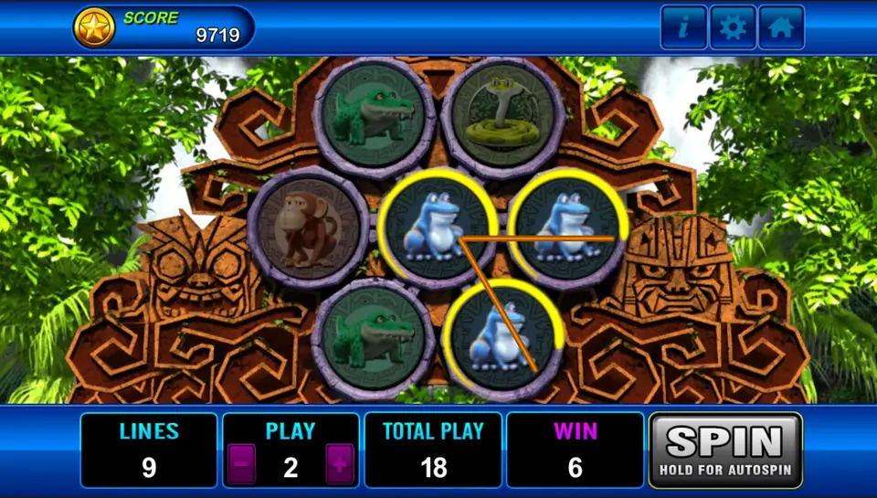 Three blue frogs ringed in gold and joined by an orange line on the Amazon Jungle tiles, WIN 6