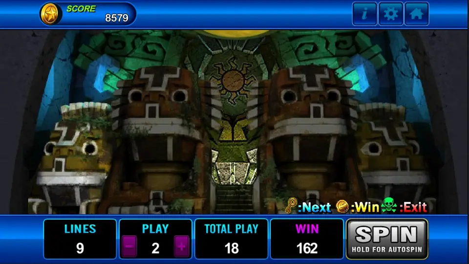 Amazon Jungle bonus: stone guardian heads either side of a staircase with a sun carving above, a legend reading Next, Win and Exit, WIN 162