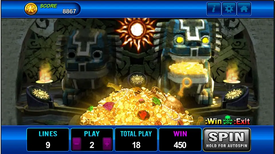 A stone guardian with glowing eyes over a pile of gold coins and gems, WIN 450