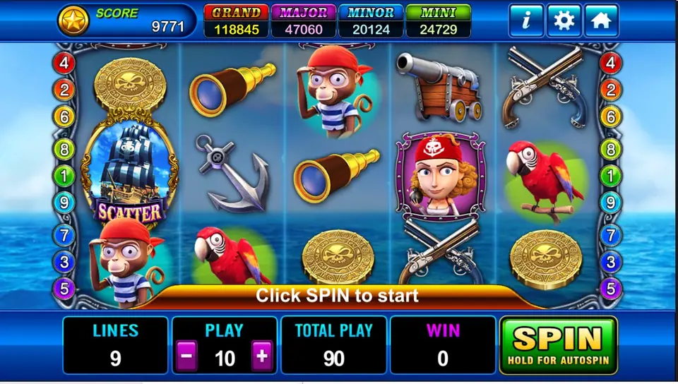 Captain Roger reels at sea: a tall pirate ship SCATTER on reel 1, gold skull coins, a spyglass, an anchor, a monkey in a red bandana, a cannon, crossed pistols, a parrot and a red-bandana pirate woman, with LINES 9, PLAY 10 and TOTAL PLAY 90
