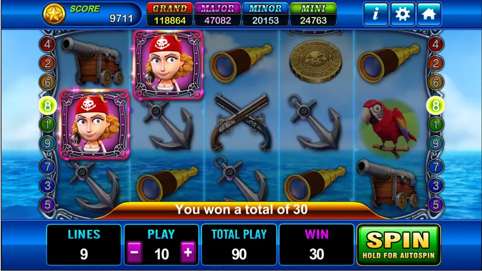 Two pirate women in red bandanas on line 8, reels 1 and 2, with 'You won a total of 30' and WIN 30