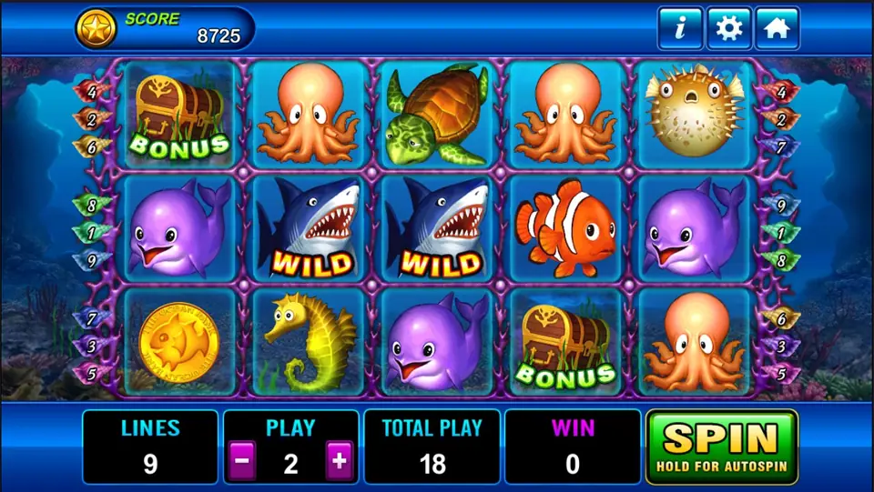 Dolphin reels on a coral reef: treasure chests marked BONUS, orange octopuses, a turtle, a pufferfish, purple dolphins, two shark WILD symbols, a clownfish, a seahorse and a gold coin, with LINES 9, PLAY 2 and TOTAL PLAY 18