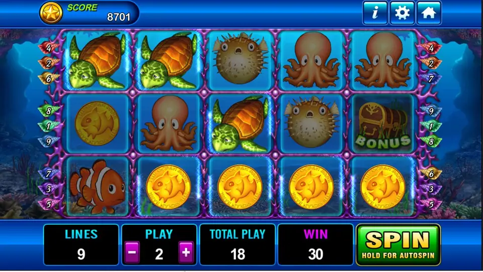 Dolphin reels with four gold coins along the bottom of reels 2 to 5 and a treasure chest BONUS on reel 5, WIN 30