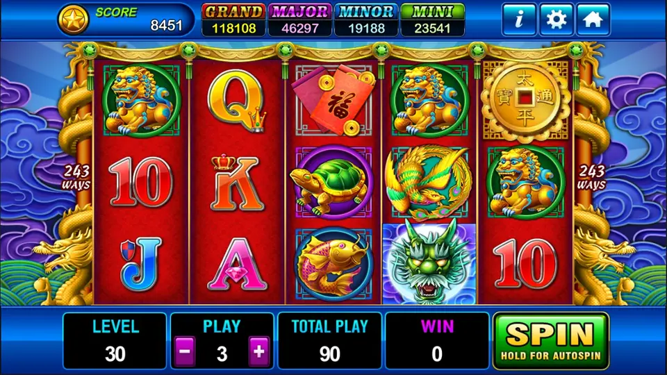 Dragons Legend reels on red panels between gold dragon pillars: foo dogs, red envelopes, a turtle, a phoenix, a koi, a green dragon head and card letters, with 243 WAYS on each side, LEVEL 30, PLAY 3 and TOTAL PLAY 90