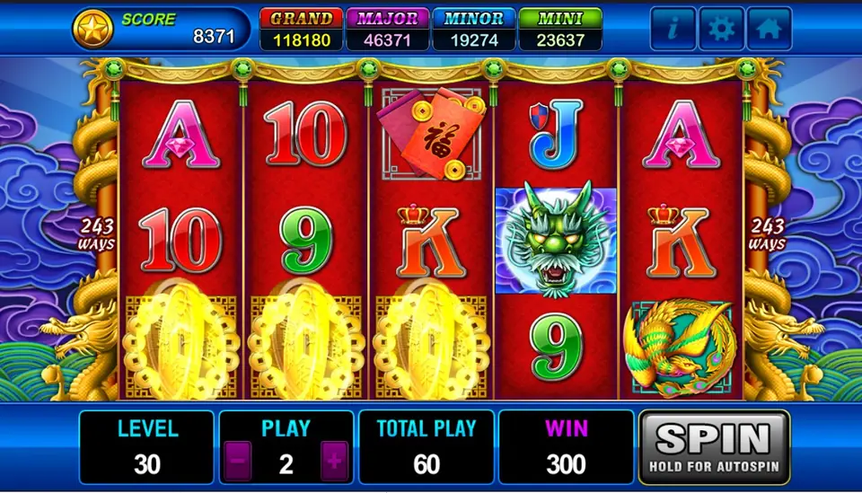 Three glowing gold coins across the bottom of reels 1 to 3 on Dragons Legend, with the green dragon on reel 4 and WIN 300
