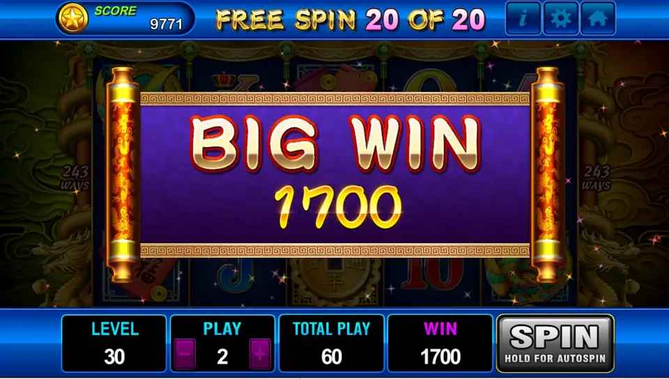 FREE SPIN 20 OF 20 across the top of Dragons Legend with a BIG WIN 1700 scroll over the reels