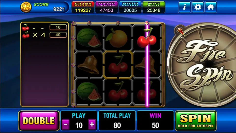 Fire Spin with a pink line straight down the right-hand column of cherries, the side panel showing a cherry at 10 and cherry x 4 at 40, WIN 50