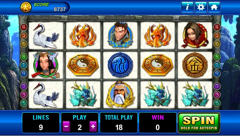 Fong Shen reels on pale stone: white cranes, phoenixes, a young warrior, a girl in red, a woman with a feather headdress, a bagua wild, a blue water coin, a gold element coin, a white-bearded sage and teal dragon beasts, with LINES 9, PLAY 2 and TOTAL PLAY 18