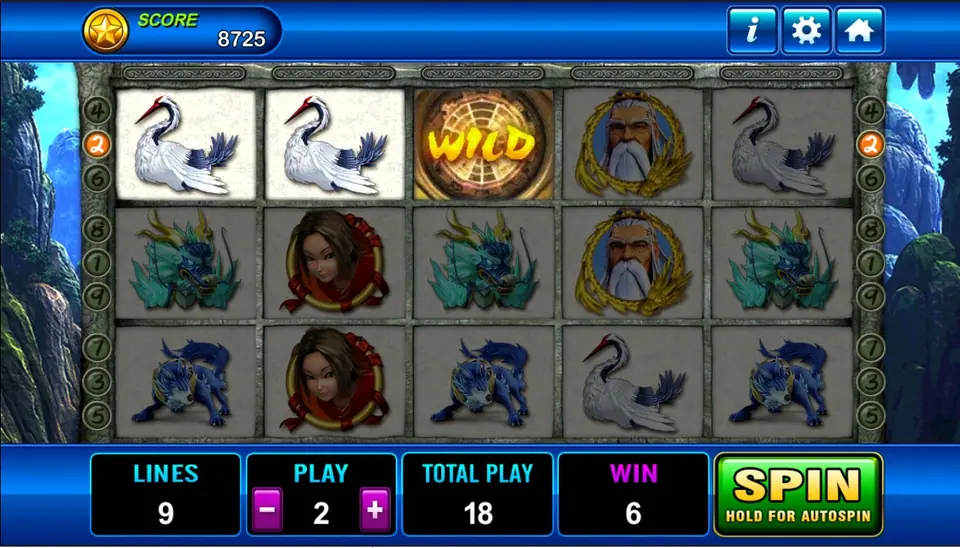 Two cranes and a WILD on line 2 of Fong Shen, with the old sage twice on reel 4, WIN 6