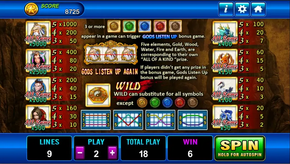 Fong Shen paytable: sage, feathered woman, warrior and girl on the left, dragon beast, phoenix, crane and blue beast on the right, with the Gods Listen Up bonus, WILD rules and the 9 lines in the middle