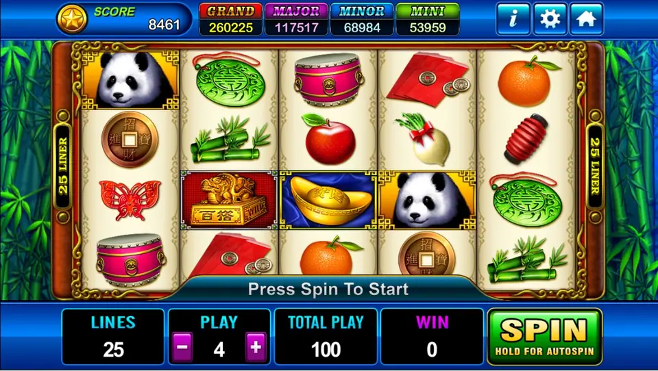 Fortune Panda reels in a bamboo frame, four rows deep: pandas, a jade medallion, drums, red envelopes, a gold coin, bamboo, an apple, a radish, a gold seal WILD and a gold ingot, with 25 LINER on each side and LINES 25, PLAY 4, TOTAL PLAY 100
