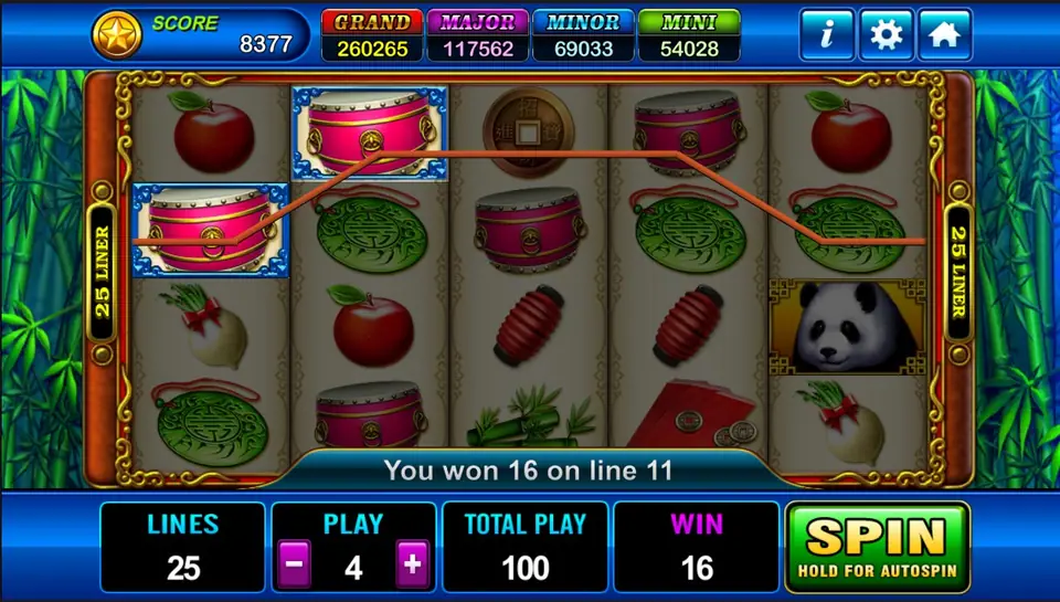 Two drums joined on line 11 of Fortune Panda, with 'You won 16 on line 11' and WIN 16