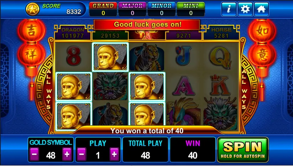 Five gold monkeys highlighted across reels 1 to 3 of Fortune Tree, 'Good luck goes on' in a red banner and WIN 40