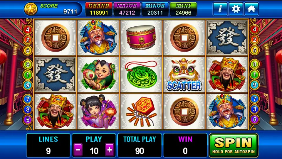 God of Wealth 2 reels on white tiles: gold coins, the God of Wealth, a blue-hat elder, a drum, a blue Fa, a boy holding a peach, a jade pendant, a gold lion dance SCATTER, a girl with a lantern and firecrackers, with GRAND, MAJOR, MINOR, MINI above and LINES 9, PLAY 10, TOTAL PLAY 90