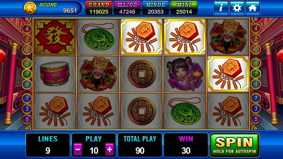 God of Wealth 2 reels with three firecracker bundles highlighted in gold on reels 3, 4 and 5, WIN 30