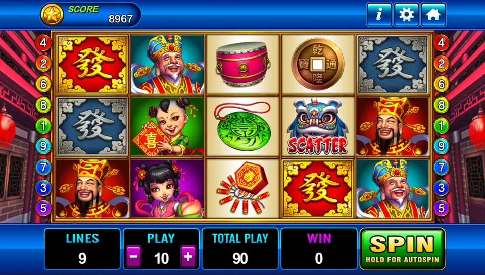 God of Wealth reels in a red temple courtyard: red and blue Fa tiles, the God of Wealth, a smiling elder in a blue hat, a boy holding a red sign, a girl in pink, a drum, a jade pendant, a coin, firecrackers and a lion dance head marked SCATTER, with LINES 9, PLAY 10 and TOTAL PLAY 90