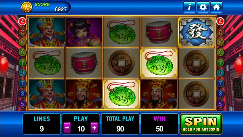 God of Wealth reels with line 4 lit: a blue Fa on reel 5 and two jade pendants framed in gold on reels 4 and 3, WIN 50
