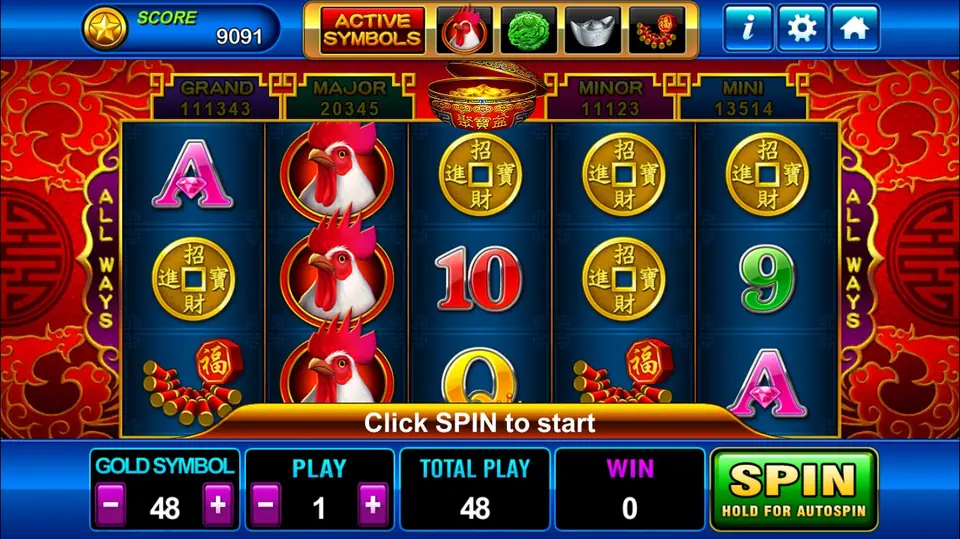 Golden Rooster reels under an ACTIVE SYMBOLS bar and GRAND, MAJOR, MINOR, MINI plaques: three stacked roosters on reel 2, gold coins, firecrackers, A, 10, Q and 9, with ALL WAYS on the frame and GOLD SYMBOL 48, PLAY 1, TOTAL PLAY 48