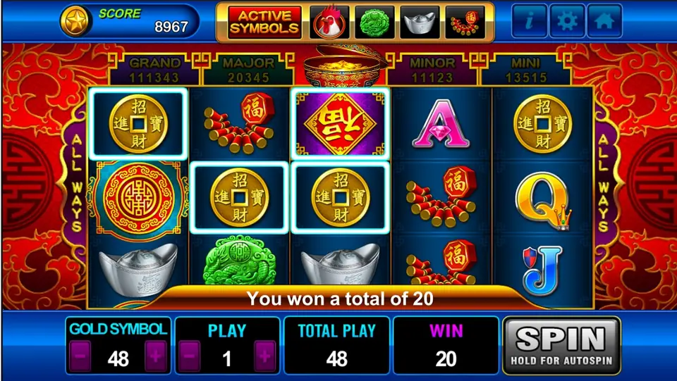 Golden Rooster win with three gold coins and a purple Fu tile highlighted on reels 1 to 3, 'You won a total of 20'