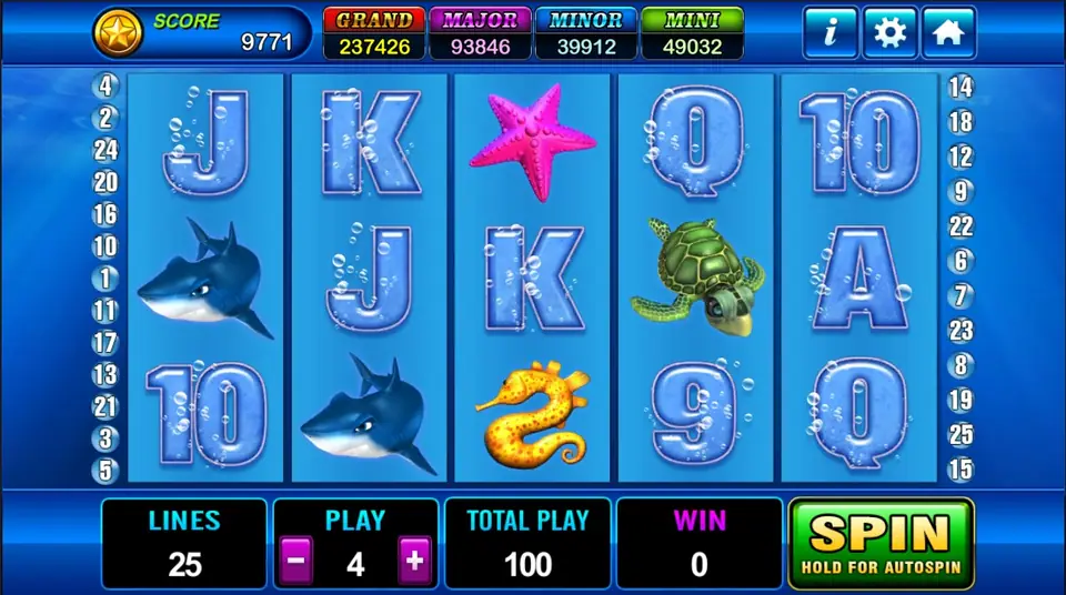 Grand Blue reels in pale blue water: bubbly J, K, Q, 10, 9 and A letters, two sharks, a pink starfish, a sea turtle and a yellow seahorse, line numbers down both sides, LINES 25, PLAY 4 and TOTAL PLAY 100