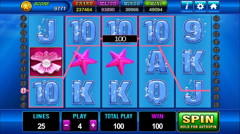 Four 10s joined on line 21 of Grand Blue with a 100 tag over reel 3 and WIN 100, a pearl clam on reel 1