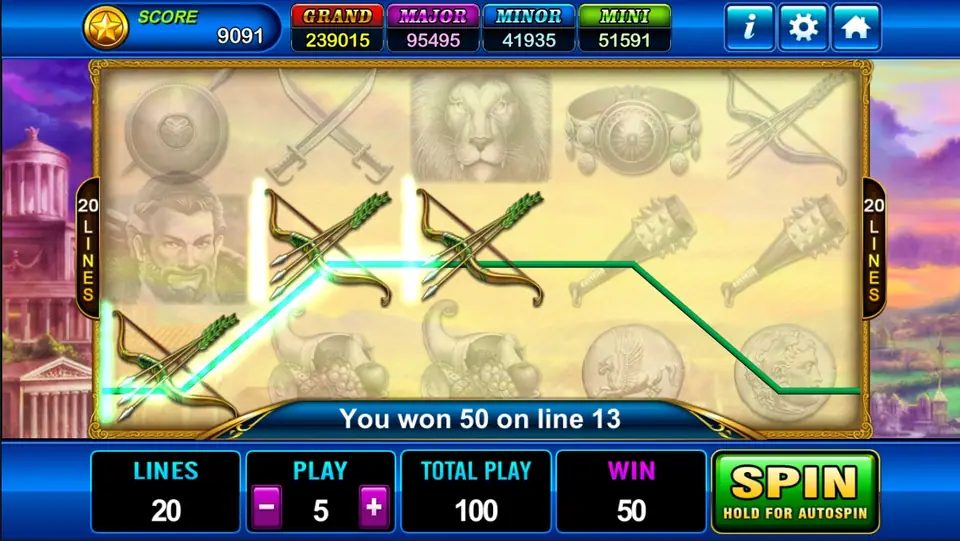 Three bows lit up on line 13 of Hercules with the rest of the reels faded, 'You won 50 on line 13'