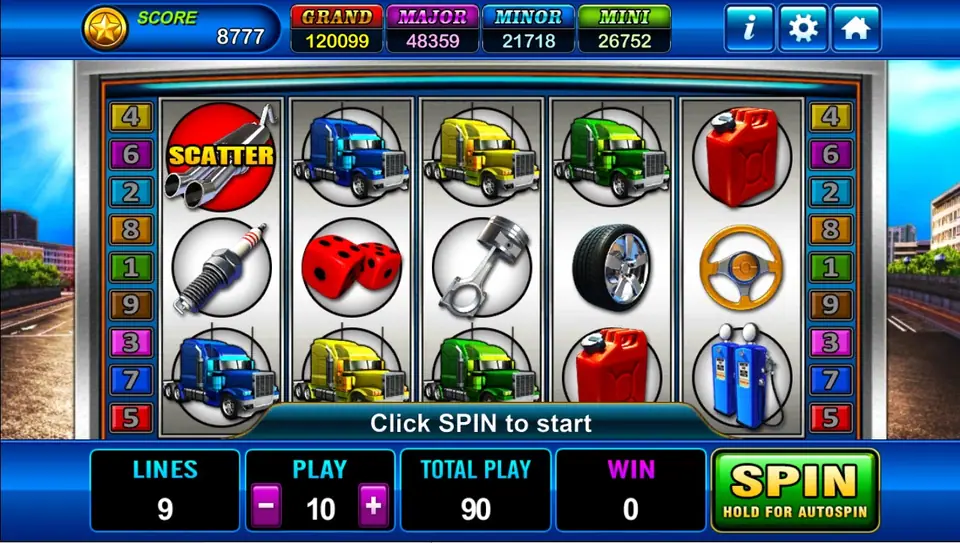 Highroad King reels in a silver frame: an exhaust pipe SCATTER, blue, yellow and green trucks, a spark plug, red dice, a piston, a tyre, a jerry can, a steering wheel and fuel pumps, with LINES 9, PLAY 10 and TOTAL PLAY 90