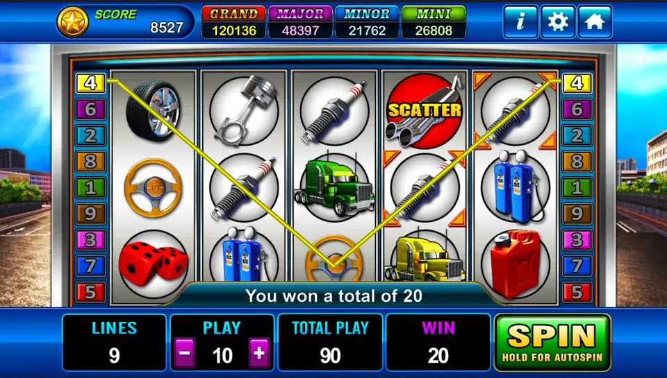 Highroad King with line 4 drawn in a V from the top of reel 1 down to reel 3 and back up to reel 5, the scatter on reel 4, 'You won a total of 20'