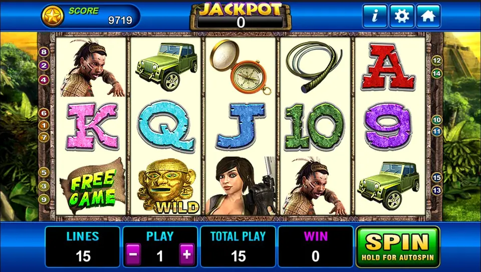 Laura reels in front of a jungle pyramid: a tribal warrior, a green jeep, a compass, a whip, card letters, a FREE GAME sign, a gold mask WILD and a dark-haired adventurer holding a pistol, with a JACKPOT counter on top and LINES 15, PLAY 1, TOTAL PLAY 15