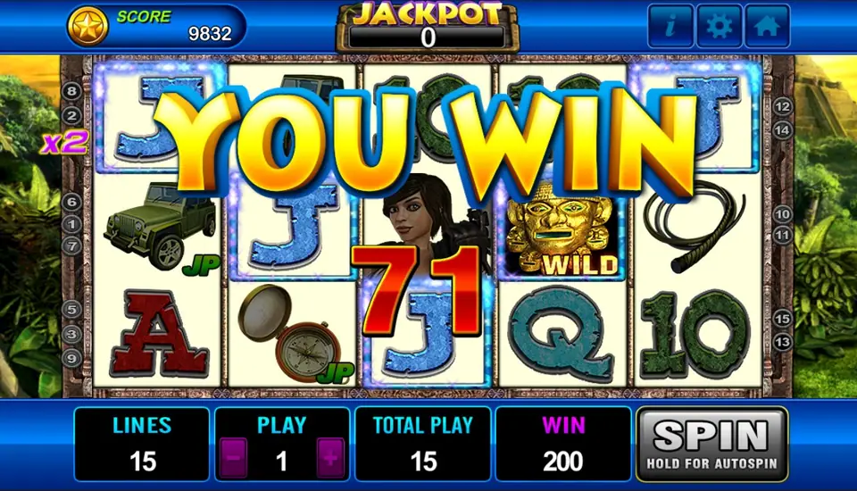 Laura win screen with YOU WIN 71 over the reels, a x2 marker on the left, the gold mask WILD on reel 4 and small JP tags on a jeep and a compass