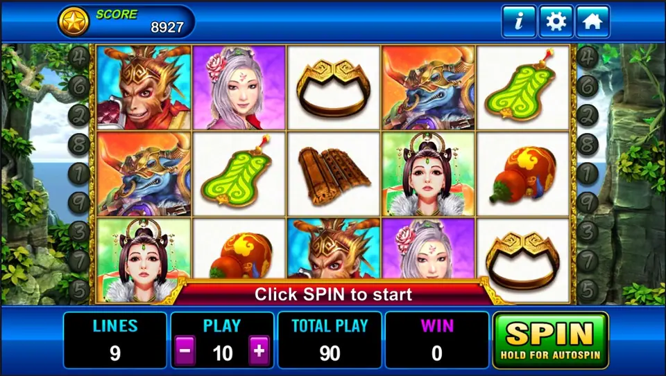 Monkey King reels between mossy cliffs: the Monkey King in a gold headdress, a blue bull demon, a white-haired woman with a flower, a princess with a jewelled crown, a golden headband, a green leaf fan, a bamboo scroll and a gourd, with LINES 9, PLAY 10 and TOTAL PLAY 90