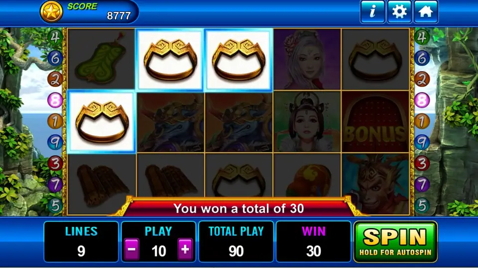 Three golden headbands highlighted on reels 1, 2 and 3 of Monkey King, a red BONUS tile on reel 5, 'You won a total of 30'