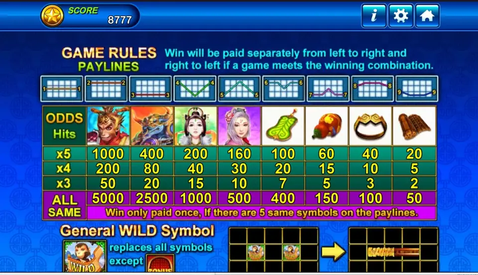 Monkey King GAME RULES: nine paylines, the odds table with x5, x4, x3 and ALL SAME rows for eight symbols, and the General WILD Symbol rule with a before-and-after diagram