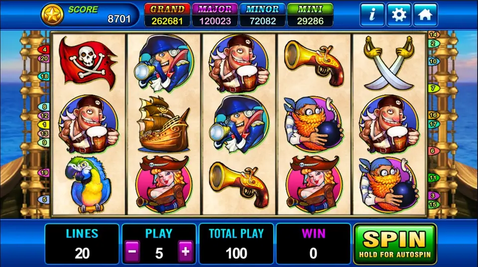 Pirate reels on a ship's deck: a Jolly Roger flag, a sailor with a beer mug, an officer with a spyglass, a pirate ship, a parrot, a pirate woman, a flintlock pistol, crossed cutlasses and a bearded pirate holding a bomb, with LINES 20, PLAY 5 and TOTAL PLAY 100