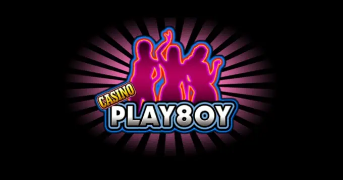 Play8oy casino logo: three pink dancing silhouettes above the word CASINO and PLAY8OY in chrome letters, on a black background with pink rays