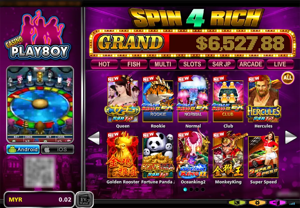 Play8oy lobby: the pink PLAY8OY logo, an animal wheel game preview, Android and iOS buttons, a MYR balance and EV Wallet button on the left; a SPIN 4 RICH GRAND counter, HOT, FISH, MULTI, SLOTS, S4R JP, ARCADE and LIVE tabs and ten game tiles on the right