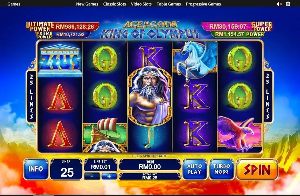 Age of the Gods: King of Olympus reels over sunlit clouds: a blue ZEUS temple tile on reel 1, Zeus with a white beard on reel 3, Pegasus on reel 4, an eagle and a Greek ship, 25 LINES panels on both sides and Total Bet RM0.25
