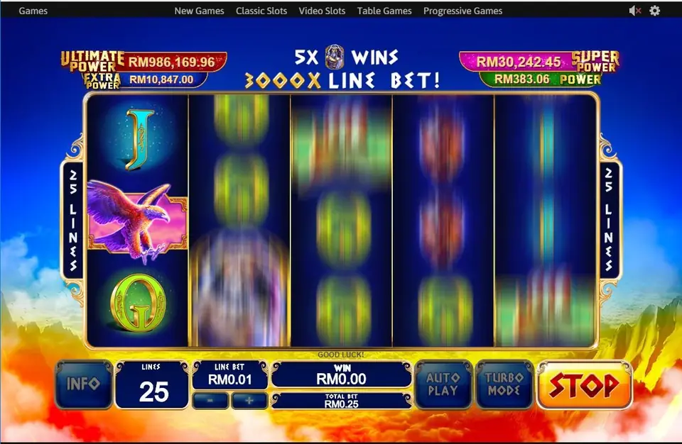 Reels still spinning under a banner reading '5X WINS 3000X LINE BET' with a small Zeus icon, and an eagle stopped on reel 1
