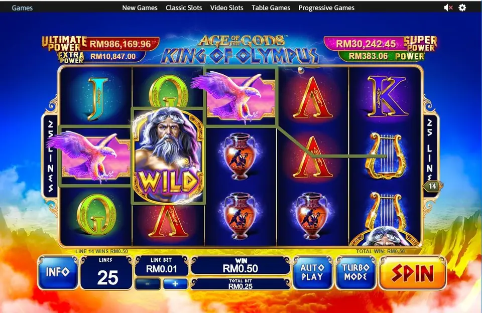 Line 14 traced through an eagle on reel 1, the Zeus WILD on reel 2 and an eagle on reel 3, with Line 14 wins RM0.50 and Win RM0.50