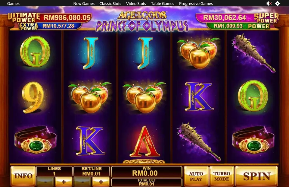 Age of the Gods: Prince of Olympus reels on dark purple: golden apples on reels 2, 3 and 4, spiked clubs on reels 4 and 5, jewelled belts, green Q's and blue K's, with Ultimate Power at RM986,080.05 above