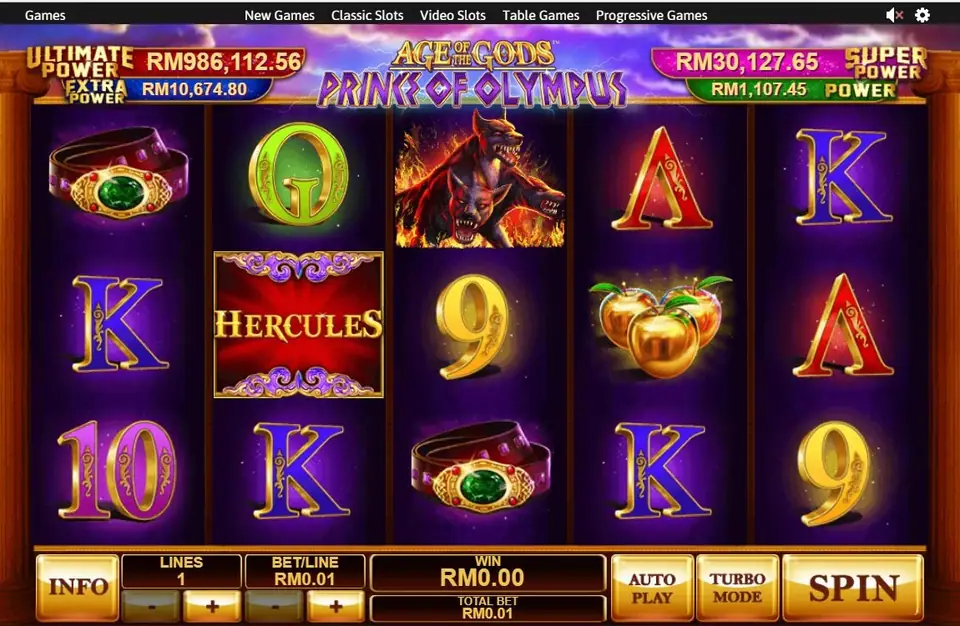 A blue K, a green Q and a red HERCULES tile on reel 2, Cerberus in flames on reel 3, golden apples on reel 4 and jewelled belts on reels 1 and 3