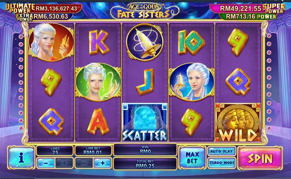 Age of the Gods: Fate Sisters on purple reels between marble columns: the red, green and blue sisters in round portraits, a golden spindle, a blue SCATTER tile, a gold three-faced WILD on reel 5, and jackpot counters with Ultimate Power at RM3,136,627.43