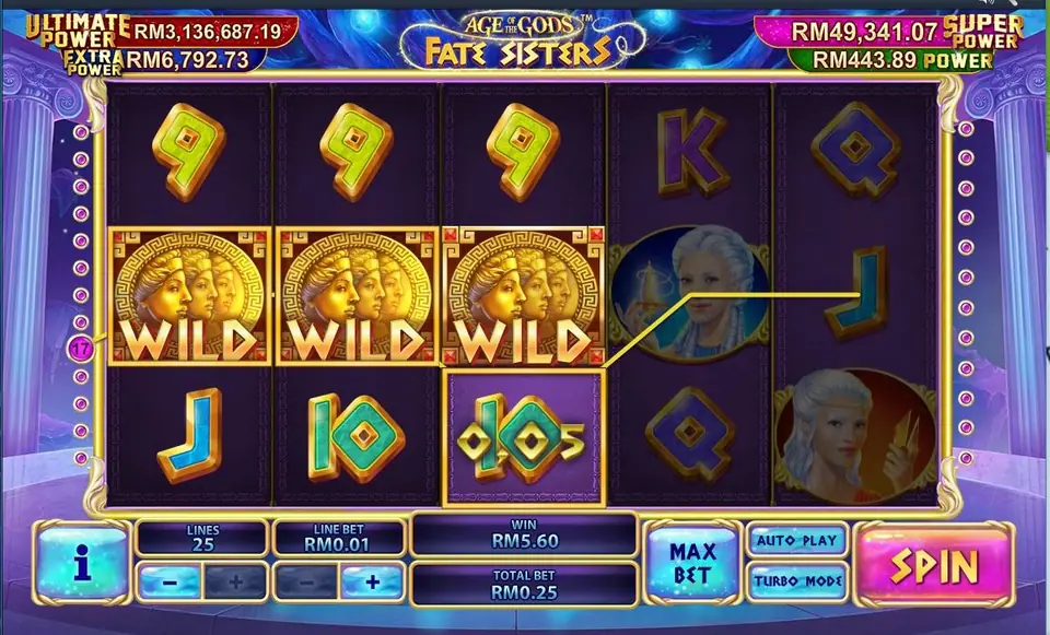 Three gold three-faced WILDs across the middle row of reels 1 to 3, with line 17 highlighted and WIN RM5.60 on a RM0.25 bet